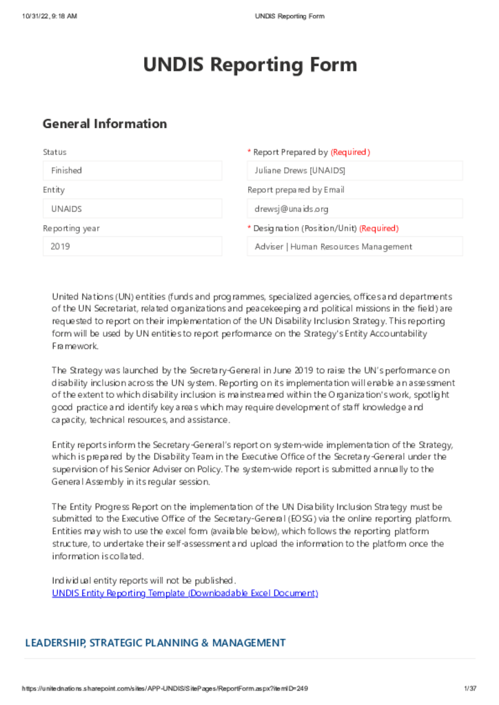 2019 UN Disability Inclusion Strategy - UNAIDS report