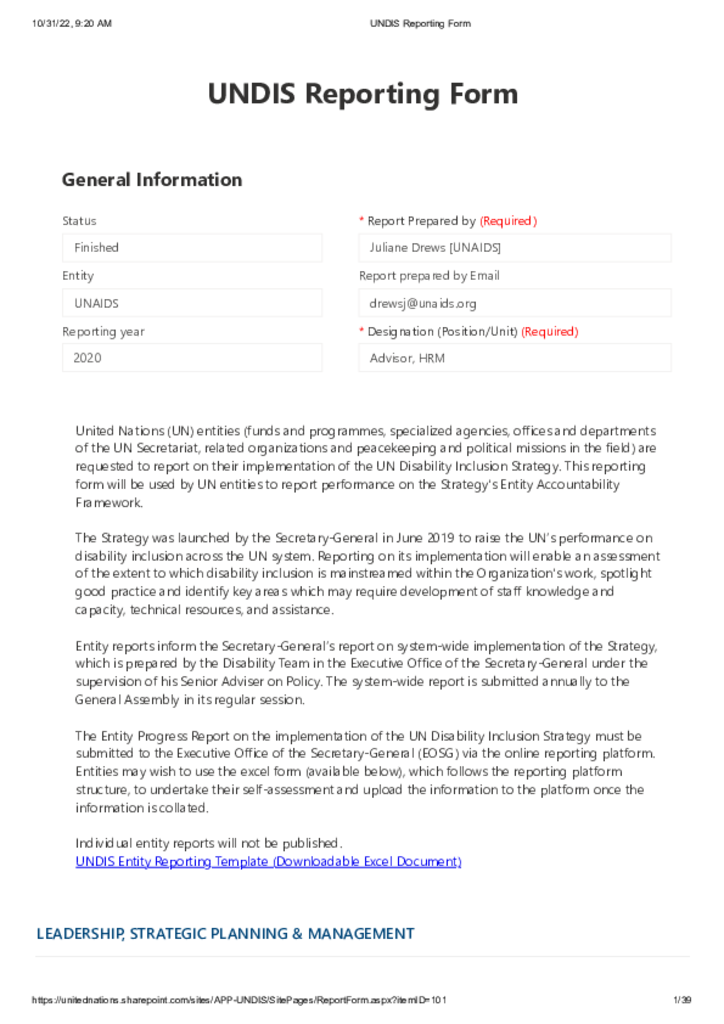 2020 UN Disability Inclusion Strategy - UNAIDS report